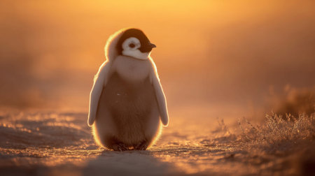 A charming penguin chick stands gracefully in a snow-covered landscape, basking in the warm golden light of sunset. The scene captures the essence of wildlife and nature, showcasing the innocence of young birds in their natural habitat.の素材