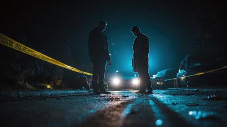 In this atmospheric scene, two silhouetted figures stand at a crime scene marked by police tape, illuminated by a haunting blue light, creating an air of suspense and intrigue.の素材