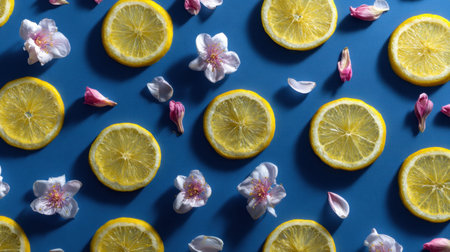 Vibrant composition of fresh lemon slices and delicate pink petals arranged on a bright blue background. Perfect for food styling, summer themes, or nature-inspired projects.の素材