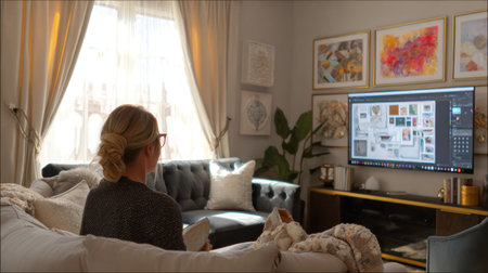 A woman is seated comfortably on a couch, engaging with a digital screen that showcases creative designs, in a cozy and modern living room.の素材