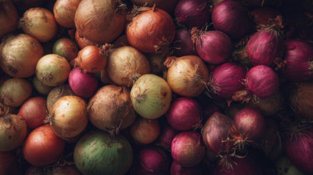 A vibrant display of fresh onions in various colors and sizes, showcasing their stunning textures and hues, perfect for food enthusiasts.の素材