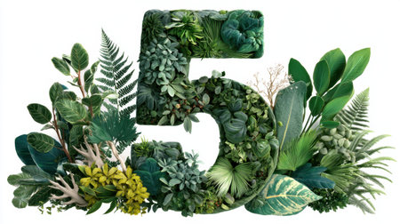 This artistic depiction of the number five showcases a stunning arrangement of various green plants and foliage, symbolizing growth and nature.の素材