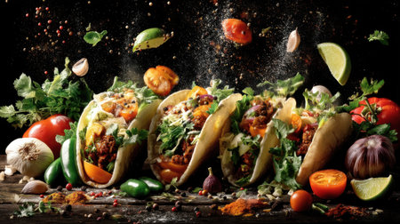 A stunning composition of colorful tacos filled with fresh ingredients, surrounded by flying spices and vegetables, showcasing culinary vibrancy.の素材