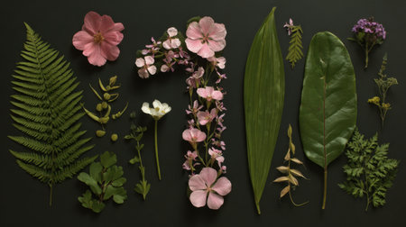 A captivating flat lay featuring a variety of fresh flowers and green leaves arranged on a dark surface, ideal for creating a natural aesthetic in design projects.の素材