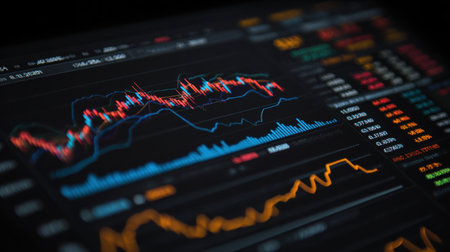 Engaging digital screen displaying vibrant graphs and charts representing stock market data for finance and investment discussions.の素材