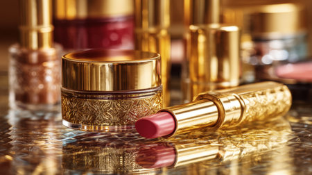 A stunning arrangement of luxurious gold cosmetic products, featuring a rich lipstick, cream, and gloss, shines beautifully on a reflective surface.の素材