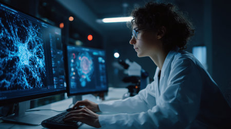 A dedicated female scientist works intently on computer screens displaying intricate data visualizations in a dimly lit laboratory setting.の素材