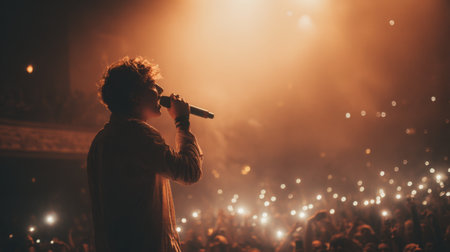 A dynamic singer captivates the audience with a powerful performance under vibrant stage lights, creating an unforgettable concert experience filled with energy and emotion.の素材