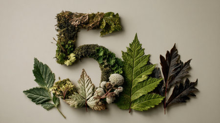 A creative arrangement showcasing the number five formed from various leaves and moss. Perfect for eco-friendly projects, designs, and inspiring natural themes.の素材