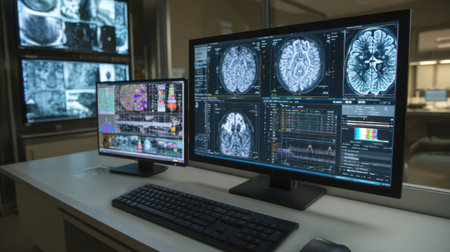 A modern laboratory featuring advanced medical imaging technology with computer screens displaying brain scan results and analytical data.の素材