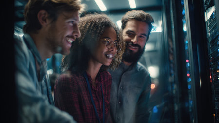 Three diverse colleagues engage in collaborative server maintenance in a modern data center, showcasing teamwork and technology, with an emphasis on communication and efficiency.の素材