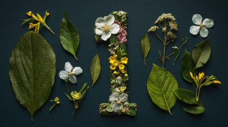 A captivating arrangement featuring the number one crafted from greenery and delicate flowers, set against a dark background. Perfect for nature lovers and creative projects.の素材