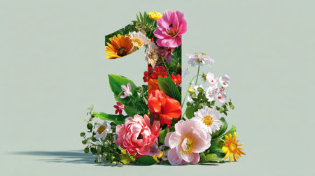 A stunning floral display uniquely crafted in the shape of the number one, showcasing an array of vibrant flowers against a soft pastel background, perfect for celebrations.の素材