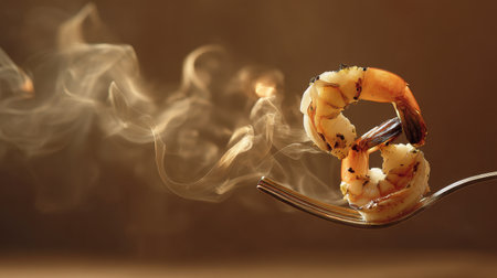 This captivating image showcases perfectly grilled shrimp on a fork with an alluring smoky backdrop, ideal for food enthusiasts and culinary presentations.の素材