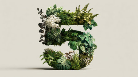 A stunning artistic representation of the number five, beautifully crafted from a variety of lush greenery and tropical plants, perfect for nature-inspired projects.の素材