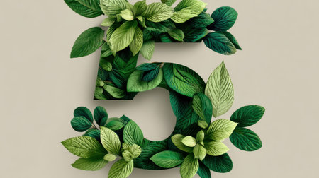 This artistic representation features the number five creatively formed with lush green leaves against a soft neutral background, symbolizing growth and nature.の素材