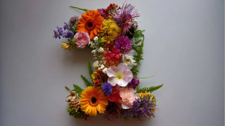 This captivating floral composition showcases the number one crafted from a variety of vibrant blooms, adding a cheerful and artistic touch to any setting.の素材