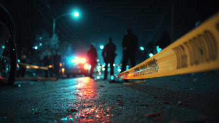 A nighttime urban scene featuring police officers gathered near yellow crime scene tape. Emergency vehicle lights cast a dramatic glow over the street.の素材
