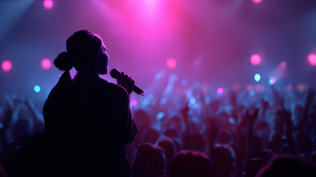 A captivating scene of a singer on stage, illuminated by vibrant lights, with an enthusiastic audience cheering in the background.の素材