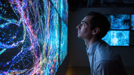 A man observes an interactive digital art display with vibrant colors and intricate patterns in a modern museum, highlighting creativity and technology.の素材