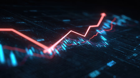 Intricate visualization of stock market data showcasing an upward trend line against a futuristic digital background, perfect for finance-related projects.の素材