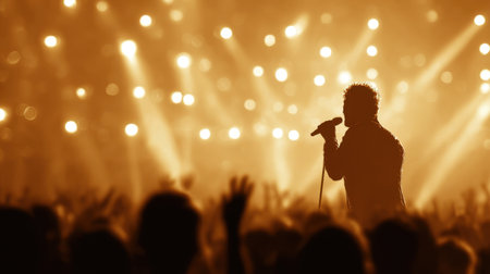 A captivating silhouette of a singer passionately performing on stage, surrounded by vibrant lights and an energized crowd, capturing the essence of live music and entertainment.の素材