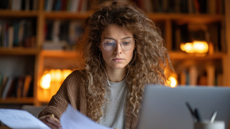 A young woman is focused on her work at home, surrounded by papers and a laptop. The warm lighting creates a cozy atmosphere, reflecting creativity and concentration.の素材
