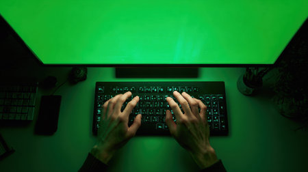 A captivating image showcasing hands typing on a backlit keyboard in a dimly lit space. The vibrant green glow from the screen enhances the atmosphere, perfect for themes of technology and productivity.の素材