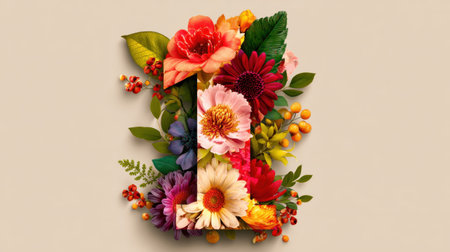 A stunning floral arrangement showcasing the number one, adorned with colorful flowers and lush greenery on a soft backdrop, symbolizing celebration and beauty.の素材