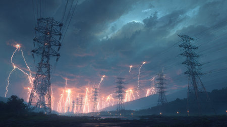 A stunning portrayal of a fierce electrical storm, with multiple lightning strikes illuminating power lines against turbulent skies, creating a dramatic scene.の素材