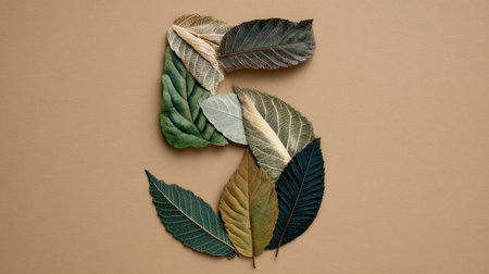 This artistic composition showcases various leaves arranged to form the number five against a soft earthy background, celebrating naturebeauty.の素材