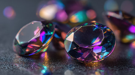 Stunning close-up of colorful gemstones reflecting light brilliantly against a dark background, perfect for jewelry, decoration, and artistry.の素材