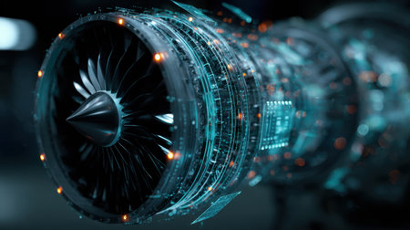 A captivating futuristic jet engine showcases intricate digital elements and advanced technology, emphasizing innovation in aviation engineering.の素材