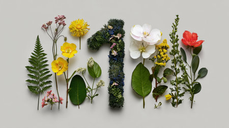 This artistic arrangement features the number seven composed of various flowers and greenery, showcasing the beauty of nature in a creative display.の素材