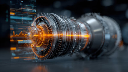 This stunning image features a futuristic turbine engine with a glowing digital interface, highlighting the synergy between technology and aerospace innovation.の素材