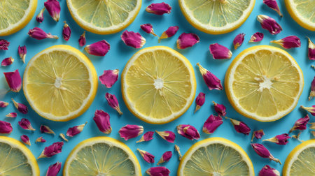 A captivating arrangement of lemon slices and delicate pink petals set against a bright blue background, evoking freshness and summer vibrance.の素材
