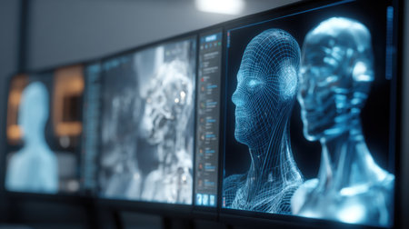 A high-tech workspace featuring multiple digital screens displaying 3D models and wireframe structures of human anatomy and robotics, showcasing advanced technology and innovation.の素材