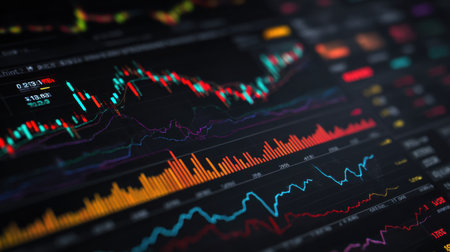 Explore a vibrant and detailed stock market chart showcasing various financial indicators, trend lines, and moving averages for investment analysis.の素材