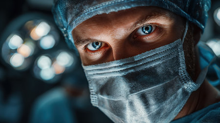 Intense portrait of a dedicated surgeon in the operating room, wearing a surgical mask and scrubs, focused on delivering optimal patient care.の素材