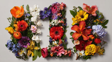 A stunning floral arrangement featuring a variety of colorful flowers shaped into the number 11 against a soft backdrop, perfect for celebrations and designs.の素材