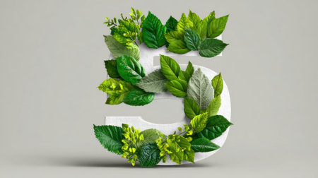 Artistic representation of the number five made from vibrant green leaves and foliage, perfect for themes of nature and sustainability.の素材