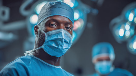 A dedicated surgeon in a surgical setting, wearing a mask and cap, emphasizes the importance of focus and professionalism during complex operations.の素材