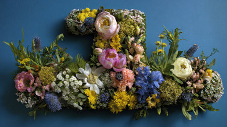 This stunning floral arrangement showcases a variety of colorful flowers meticulously arranged against a rich blue background, highlighting nature's beauty and creativity.の素材