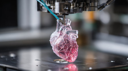 A close-up view of a 3D printer creating an artificial heart model, featuring intricate details and vibrant colors, showcasing advancements in medical technology.の素材
