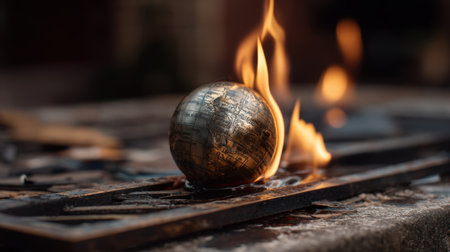 A mesmerizing metallic sphere enveloped in flames rests on a textured surface, creating a striking contrast between fire and metal.の素材