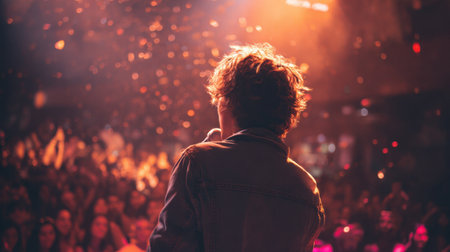 A captivating live concert scene featuring a singer on stage with a microphone, surrounded by an enthusiastic crowd and vibrant lights.の素材