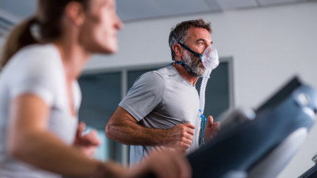 Two athletes are engaged in a fitness training session in a modern gym, showcasing intense effort with a breathing mask, highlighting health and performance.の素材