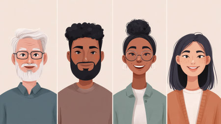 This vibrant illustration features a diverse group of animated characters, showcasing unique hairstyles and cheerful expressions against a minimalistic background.の素材