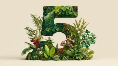 A striking representation of the number five crafted from vivid green foliage and tropical plants, ideal for themes of nature and growth.の素材