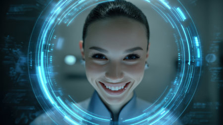 A cheerful female professional with a bright smile stands in front of a digital interface, showcasing futuristic technology. The image highlights innovation and modern design in a professional environment.の素材